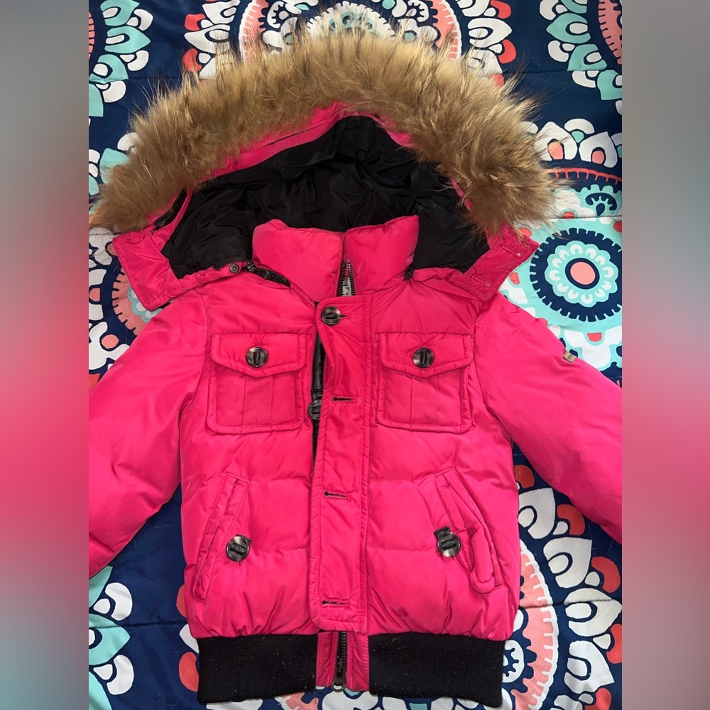 Mackage baby girl puffer with real fur trimmed hood